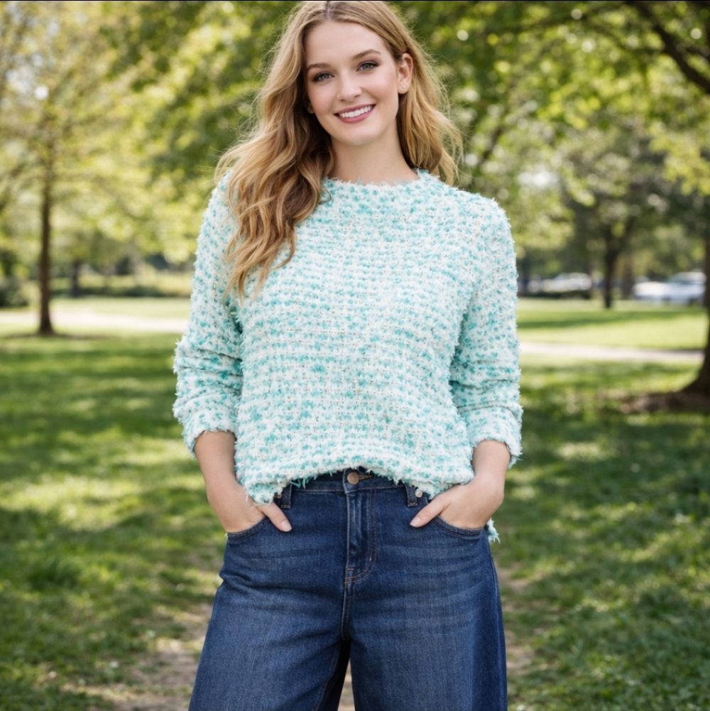 Ann Taylor Nubby Tweed Sweater Light Teal & White Textured Knit Coastal Sz M
